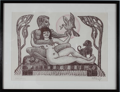 Henry HeerupLitografiAdam og Eva i Edens haveMed ny sort træramme